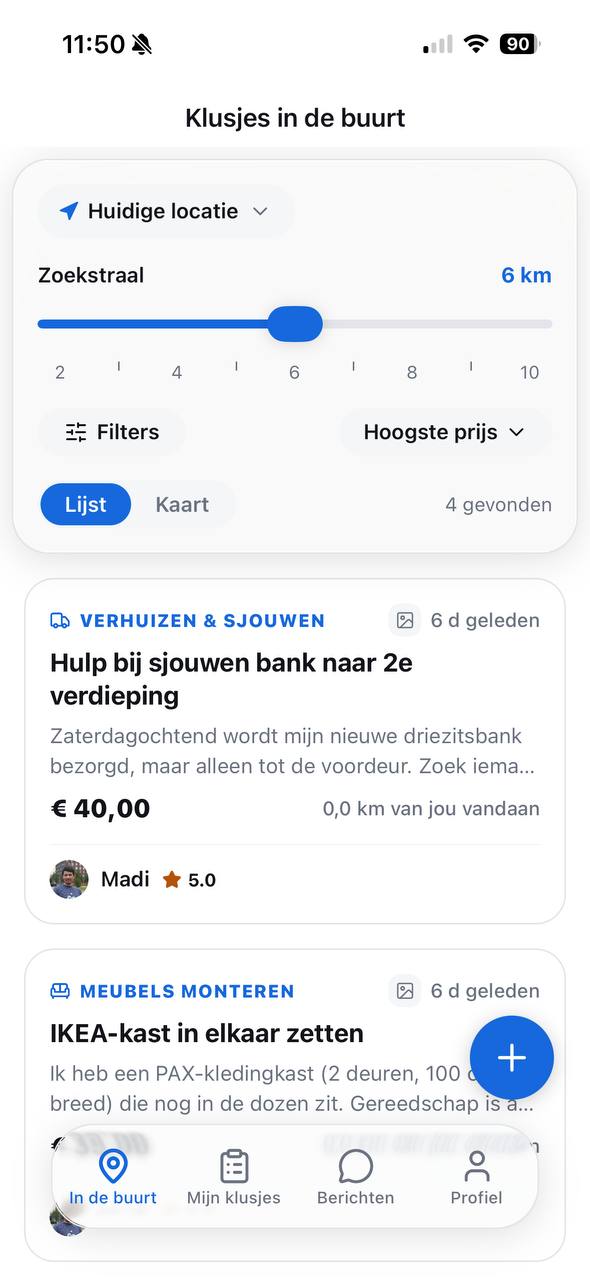 Het overzicht met klusjes in de app